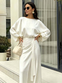 Elegant Satin Blouse & Draped Maxi Skirt Two-Piece Set