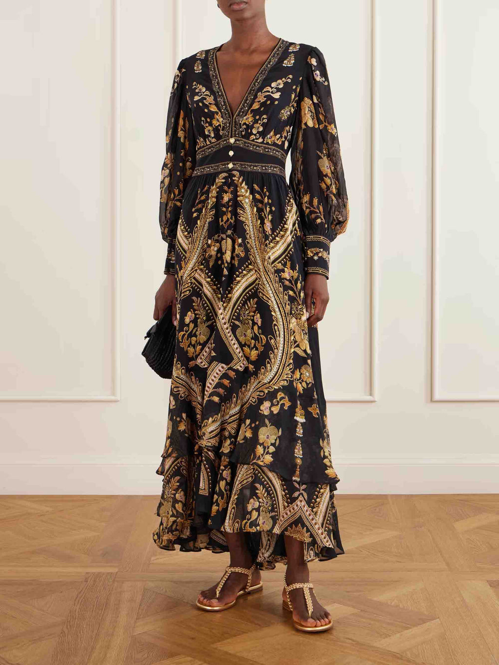 Retro Gold Print Puff Sleeve Ruffle Maxi Dress