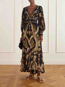 Retro Gold Print Puff Sleeve Ruffle Maxi Dress