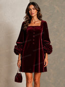 Elegant Velvet Square Neck Floral Cuff Mini Dress
