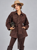 Western Fringe Belted Shirt Jacket