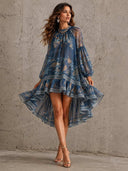 Retro Floral Sheer Sleeve Ruffle High-Low Dress