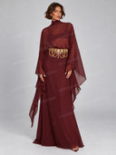 Cape Sleeve Embellished Waist Maxi Dress