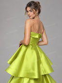 Elegant Strapless Tiered Ruffle Satin Maxi Dress
