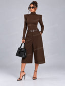 Elegant Mock Neck Bodysuit & Wide Leg Pants Two Piece Set