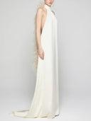 Elegant Satin Halter Feather-Trim Maxi Dress