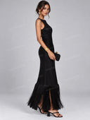 Elegant Ruched Waist Fringe Trim Maxi Dress