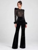 Elegant Lace Feather Trim Velvet Flare Jumpsuit