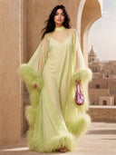 Elegant Feather Trim Sheer Chiffon Cape Maxi Dress