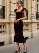 Elegant Feather Trim Velvet Midi Dress