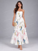 Elegant Floral Print Pleated Strapless Maxi Dress
