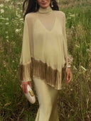 Elegant Fringe Shawl Top & Satin Maxi Skirt Three-Piece Set