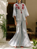 Embroidered Stripe Shirt & Flared Pants Two-Piece Set