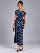 Elegant Pleated Printed Velvet Maxi Dress