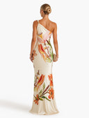 Elegant One-Shoulder Floral Print Satin Maxi Dress
