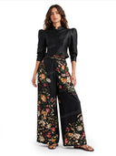 Exquisite Ruched Twill Crop Top & Floral Satin Wide-Leg Pants Set