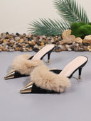 Feather Metal‑Tip Pointed Kitten Heel Mules Heel Sandals