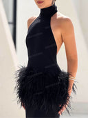 Sexy Feather Trim Halter Neck Maxi Dress