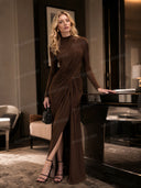 Asymmetric Design Pleated Long Sleeve Maxi Dress
