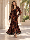 Retro Floral Velvet Lace Trim Maxi Dress