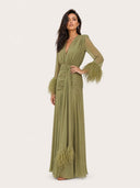 Elegant V-Neck Feather Cuff Flowing Chiffon Maxi Dress