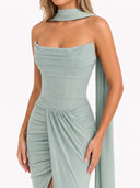 Portia Jade Crepe Strapless Maxi Dress With Detachable Georgette Cape