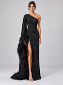 Elegant Feather Trim One Shoulder Slit Maxi Dress