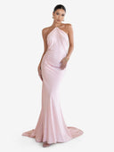 Elegant Halter-neck Draped Satin Train Maxi Dress