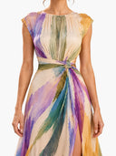 Elegant Abstract Watercolor Print Ruched Waist Maxi Dress