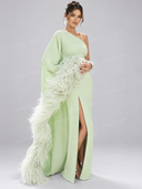 Elegant Feather Trim One Shoulder Slit Maxi Dress