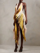 Elegant Gradient Tassel Halter Neck Deep-V Mini Dress