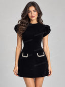 Elegant Velvet Puff Sleeve Pearl Trim Mini Dress