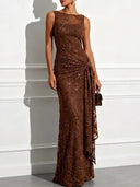 Elegant Floral Embroidered Mesh Ruched Maxi Dress