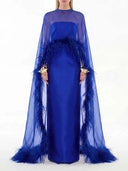 Elegant Feather Trim Chiffon Shawl Black Satin Maxi Dress