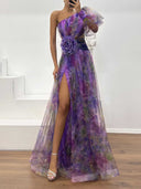 Elegant Floral Print Ruched One-Shoulder Sheer Maxi Dress