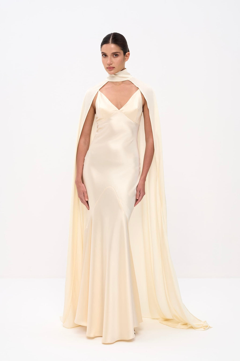 Elegant Satin Cape Sleeve Maxi Dress