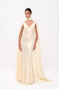 Elegant Satin Cape Sleeve Maxi Dress