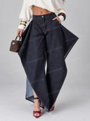 Casual Draped Top & Sculptural Wide Leg Jeans Set