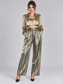 Elegant Satin Cropped Blazer & Striped Wide Leg Pants Set