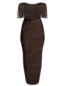 Elegant Off Shoulder Fringe Bodycon Maxi Dress