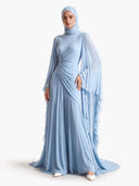 Elegant Pleated High-Neck Cape Sleeve Chiffon Maxi Dress