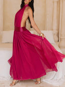 Elegant Halter Neck Sequin Chiffon Maxi Dress