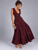 Elegant V-Neck Button-Front Pleated Maxi Dress