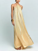 Elegant Halter Metallic Pleated Maxi Dress