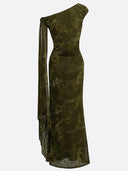 Floral Jacquard Velvet One Shoulder Ruched Maxi Dress