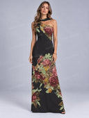 Elegant Floral Print Halter Neck Maxi Dress