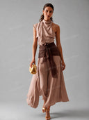 Elegant Draped Halter Top & Wide-Leg Pants Set