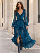 Elegant Ruffle Deep V-Neck Sheer Sleeve Maxi Dress