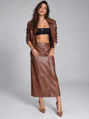 Faux Leather Belted Jacket & Maxi Skirt Two Piece Set