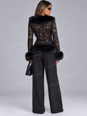 Sexy Faux Fur Trim Lace Long Sleeve Jacket